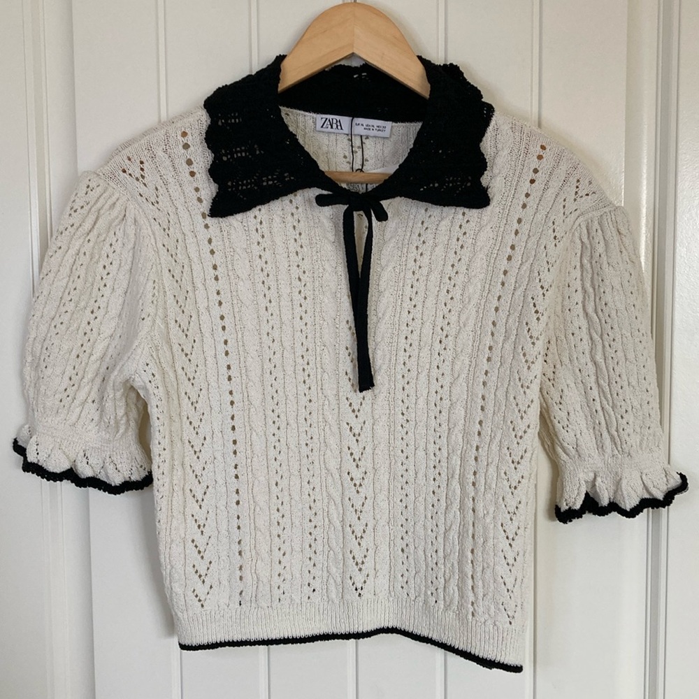 Zara Womens Crochet Sweater Blouse Collar XL White Black Short Sleeve Girly